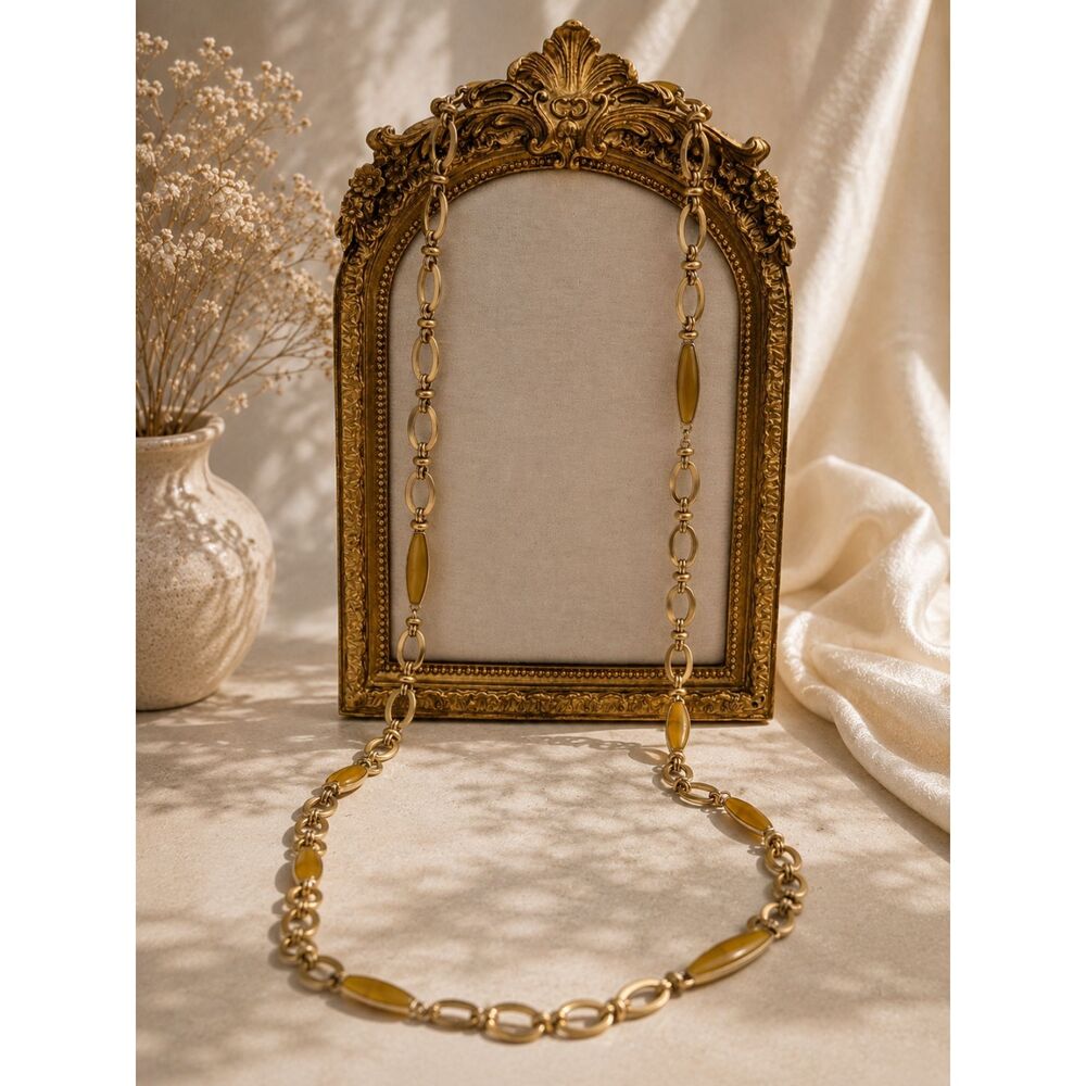 Vintage Golden Yellow Long Station Necklace Gold Tone Modernist Statement